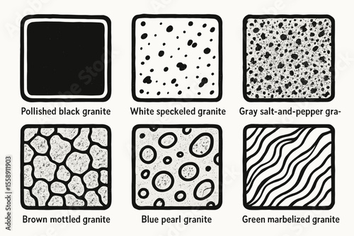 Polished black, white speckled, gray, brown mottled, blue pearl, green marbleized granite varieties
