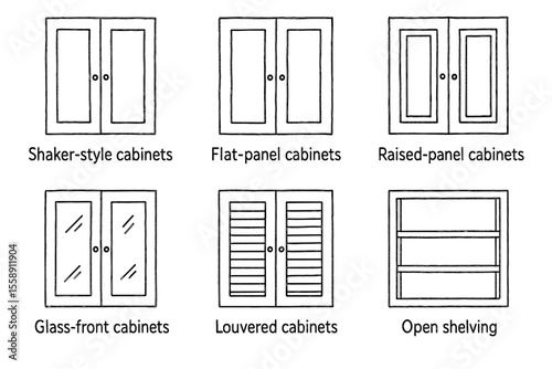 Shaker, flat, raised, glass, louvered, open cabinets illustration