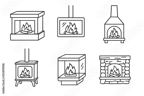 Various fireplace designs outline - modern, classic, wood-burning stoves