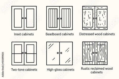 Different cabinet types: inset, beadboard, distressed, two-tone, high-gloss, rustic reclaimed wood