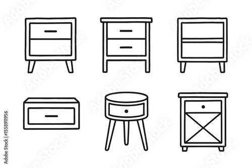 Minimalist black and white nightstand sketches with various designs