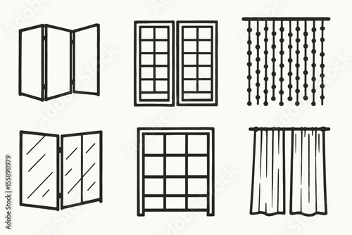 Minimalistic line drawings of room dividers and curtains