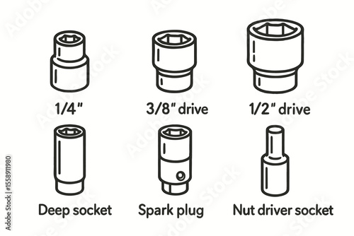 Socket types: deep, spark plug, nut driver - 1/4, 3/8, 1/2 drive