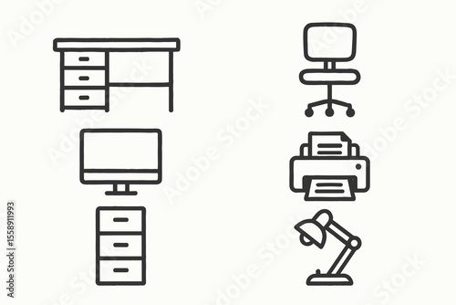 Simple office setup with desk, chair, computer, printer, and lamp icons