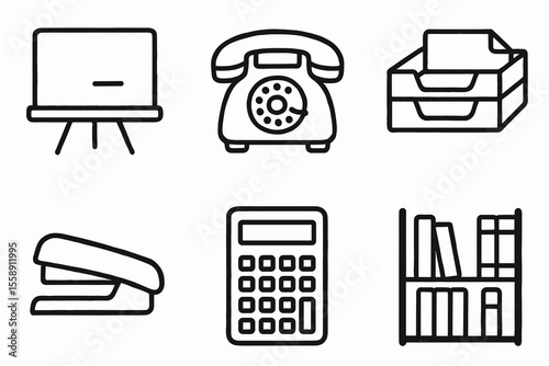 Simple office icons: whiteboard, telephone, tray, stapler, calculator, bookshelf