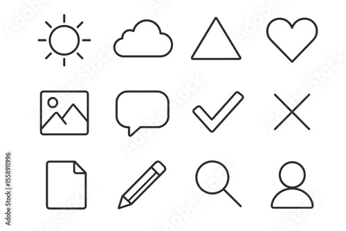 Minimalist outline icons: sun, cloud, shapes, communication, user profile