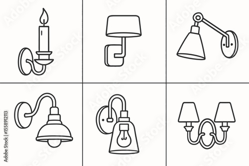 Set of six minimalist wall lamp drawings in line art style