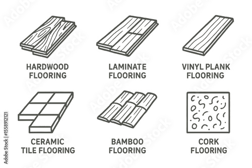 Flooring types illustration: hardwood, laminate, vinyl, ceramic, bamboo, cork