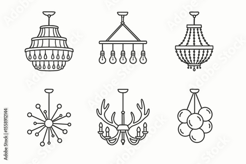 Six unique chandelier designs in black and white illustration