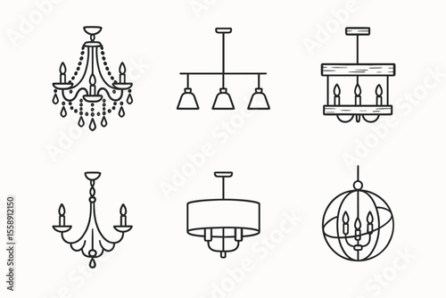 Set of six line art chandeliers and pendant light fixtures
