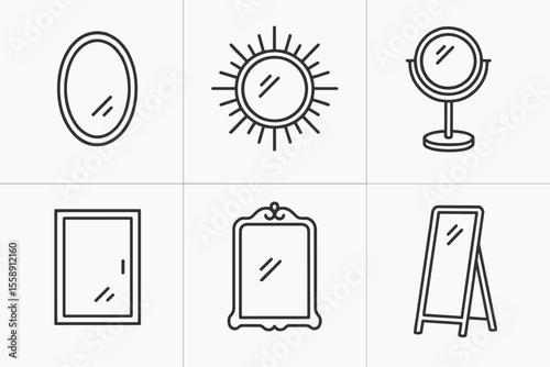 Minimalist mirror icons set - oval, sunburst, vanity, square, ornate, floor