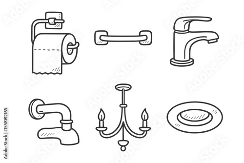 Hand-drawn bathroom fixtures and accessories sketch collection