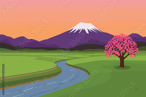 Serene japanese landscape mount fuji cherry blossom tree
