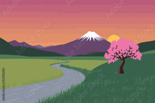 Serene sunset landscape mount fuji cherry blossom tree