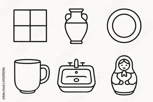 Minimalist line art: cup, vase, sink, matryoshka, tile, plate