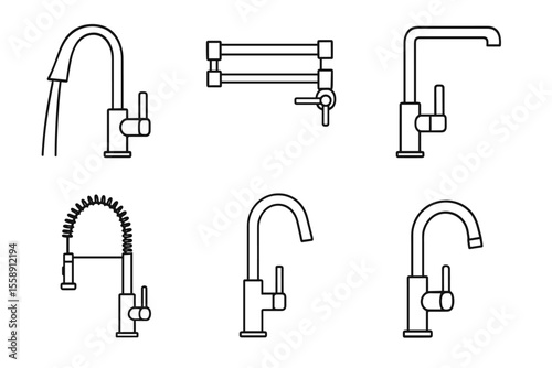 Collection of six modern kitchen faucet designs in line art style