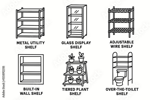 Types of shelving units: metal utility, glass display, adjustable wire, built-in wall, tiered plant, over-the-toilet