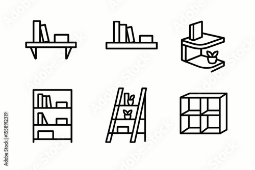 Minimalist line art bookshelves and storage designs in black and white