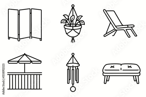 Minimalist outdoor décor icons set: room divider, hanging plant, deck chair, patio umbrella, wind chime, bench
