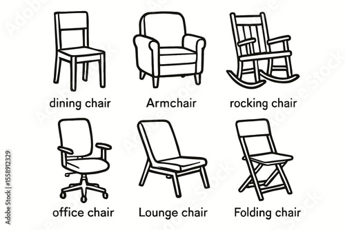 Different types of chairs illustrated: dining, armchair, rocking, office, lounge, folding