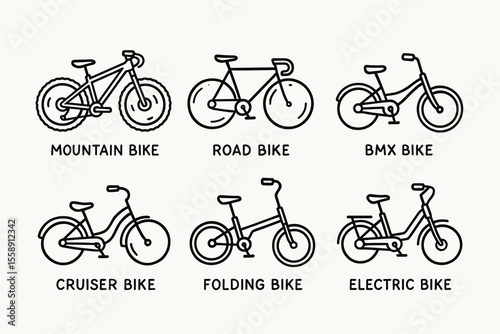 Illustrated bicycle types: mountain, road, bmx, cruiser, folding, electric