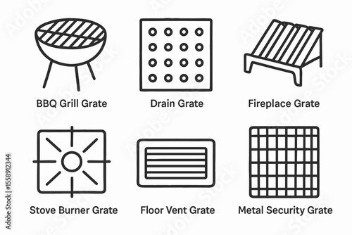 Barbecue, drain, fireplace, stove burner, floor vent, metal security grates illustration