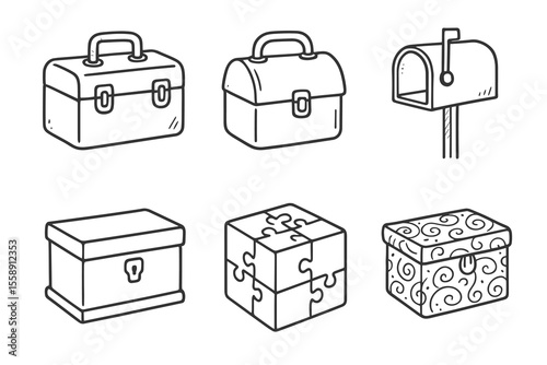 Hand-drawn boxes and mailbox icon set with patterns and puzzles