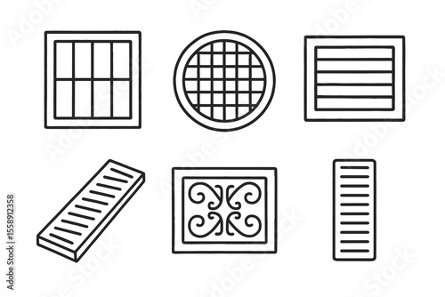 Hand-drawn set of air vents and grates in grid pattern