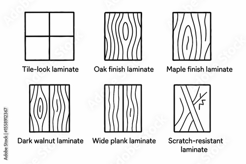 Different laminate patterns: tile, oak, maple, walnut, wide plank, scratch-resistant