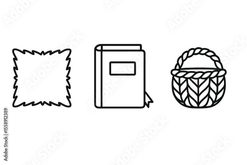 Minimalist icons of fluffy pillow, book, and knitted basket