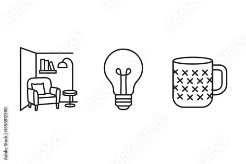 Minimalist line art: cozy reading nook, light bulb, coffee mug black icons