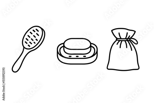 Outline of hairbrush, soap, and cloth bag in minimalist style