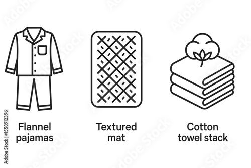 Flannel pajamas, textured mat, cotton towel stack illustrations