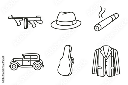 Outline of gangster era symbols: gun, hat, cigar, car, guitar case, suit