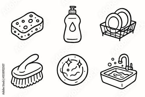 Hand-drawn cleaning icons: sponge, detergent, dish rack, brush, shiny plate, sink