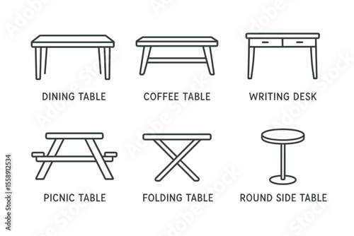 Different table types: dining, coffee, writing desk, picnic, folding, round side