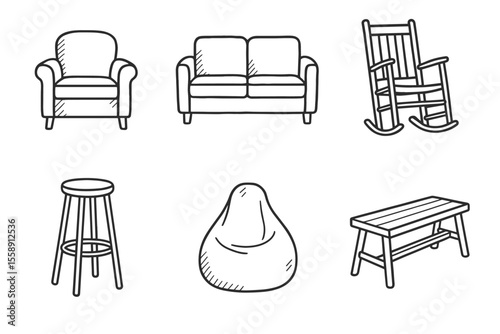 Vector set of furniture sketches: armchair, sofa, rocking chair, stool, bean bag, bench