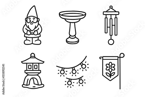 Garden decor icons: gnome, bird bath, wind chime, lantern, lights, flag
