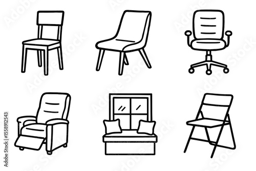 Set of various chair and seat designs including recliner and folding chair