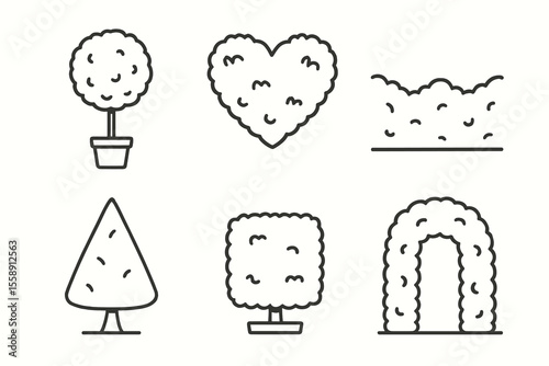 Black and white illustration of various hedge shapes and designs