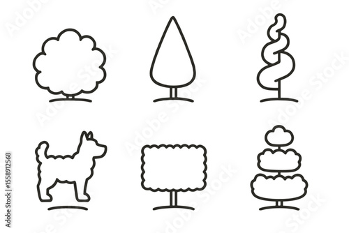 Topiary designs: tree and dog shapes with various styles