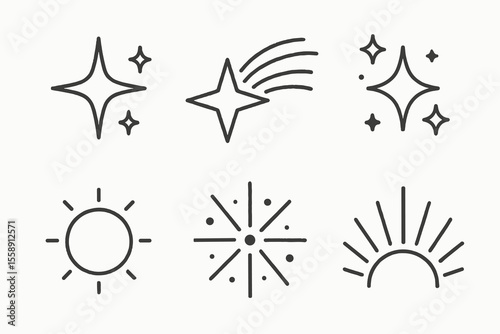 Minimalist star and sun line icons collection for design