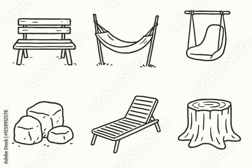 Outdoor furniture and natural elements: bench, hammock, swing, rocks, lounger, tree stump
