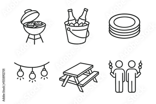 Outline icons: bbq grill, bottles, plates, string lights, picnic table, people with grilled skewers