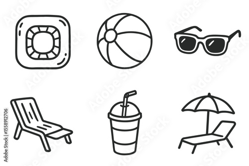 Beach essentials icons: lifebuoy, ball, sunglasses, chair, drink, umbrella