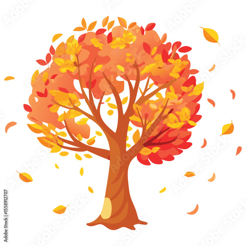 Fall season autumn tree with orange and yellow leaves illustration clip art design for graphics and web use