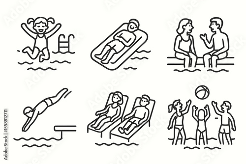 Line drawings of people enjoying pool activities