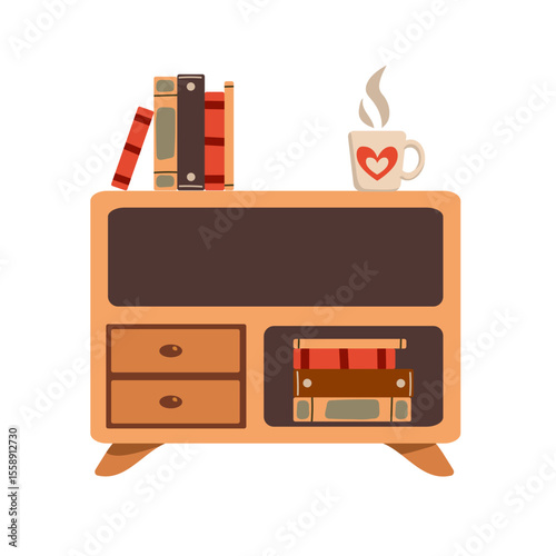 Furniture vector illustration set. Cartoon flat design furniture with armchair, lamp, nightstand, house plants. Designer fashion items for home interior apartment isolated on white