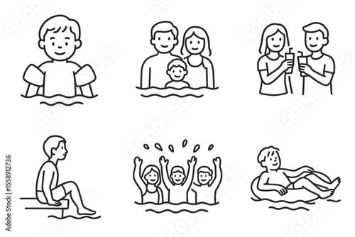 Illustrated family beach scenes with swimming and relaxing activities