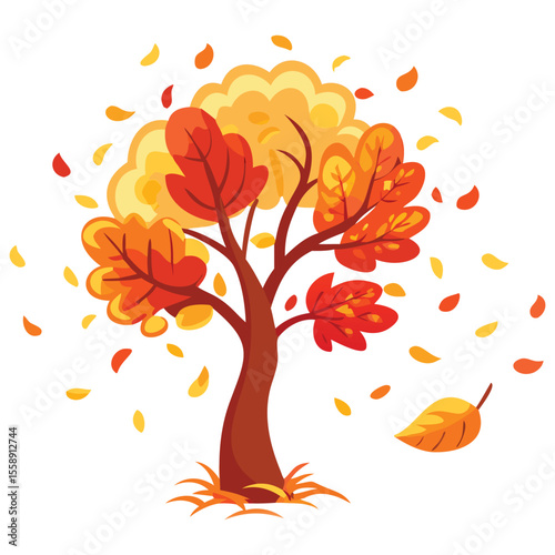 Autumn season tree with falling leaves illustration for seasonal designs and fall themed backgrounds art